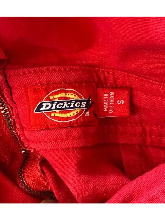 Dickies Red Denim Overall Dress With Raw Hemline Straps & Pockets - Womens Small - Picture 4 of 5